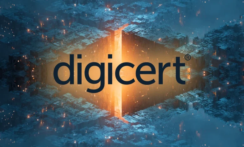 DigiCert logo with glowing orange light and abstract cityscape background.