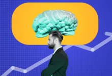 Man with brain graphic, upward trend line, business concept.