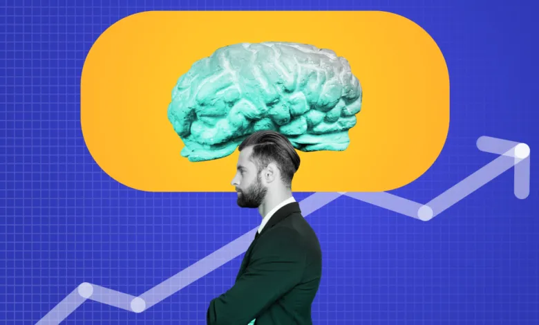 Man with brain graphic, upward trend line, business concept.