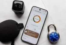 Digital wellbeing app on phone with sleep mask, clock, and lock.