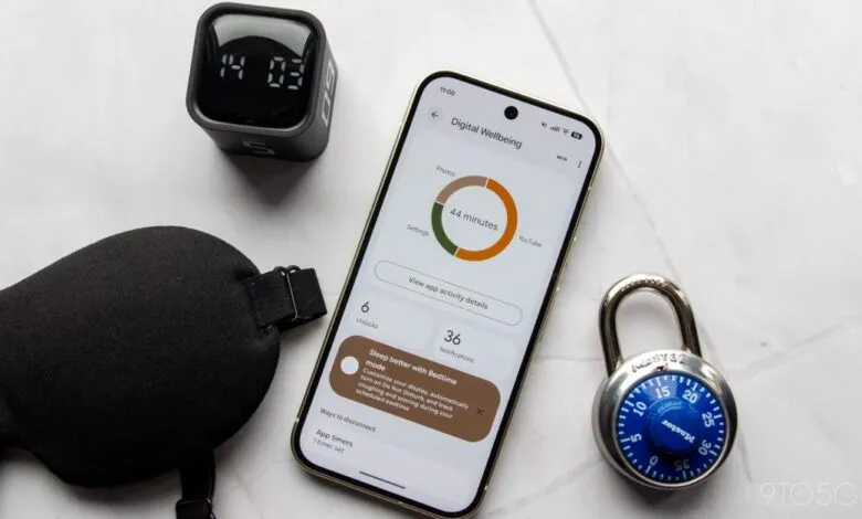 Digital wellbeing app on phone with sleep mask, clock, and lock.