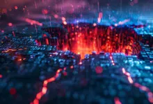 Abstract digital landscape with glowing red and blue data streams.