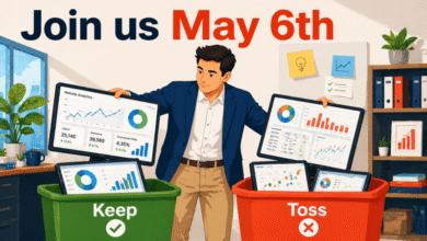 Man sorting website analytics data into 'Keep' and 'Toss' bins.