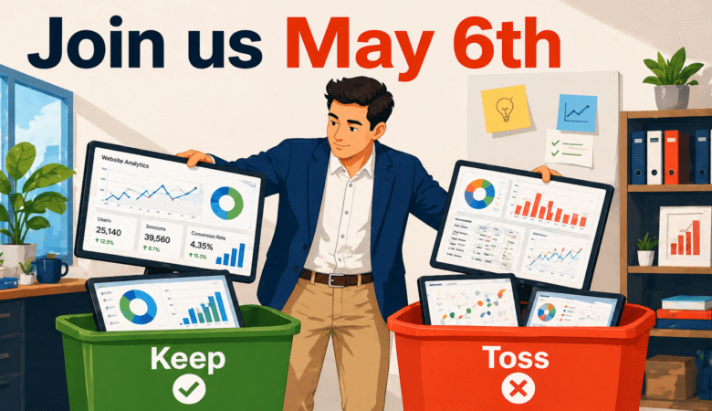 Man sorting website analytics data into 'Keep' and 'Toss' bins.