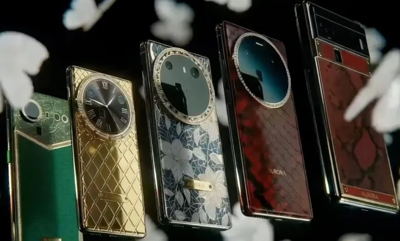 Five luxury smartphones with unique designs and butterfly accents.