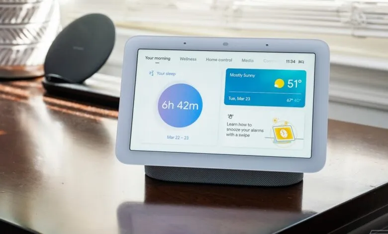 Google Nest Hub displaying sleep data and weather information.