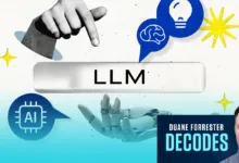 Duane Forrester Decodes LLM: AI concept with hand, robot hand, and lightbulb.