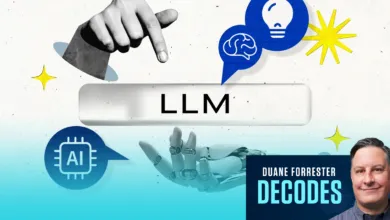 Duane Forrester Decodes LLM: AI concept with hand, robot hand, and lightbulb.
