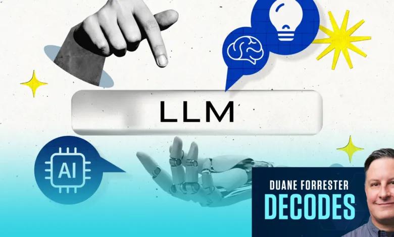 Duane Forrester Decodes LLM: AI concept with hand, robot hand, and lightbulb.