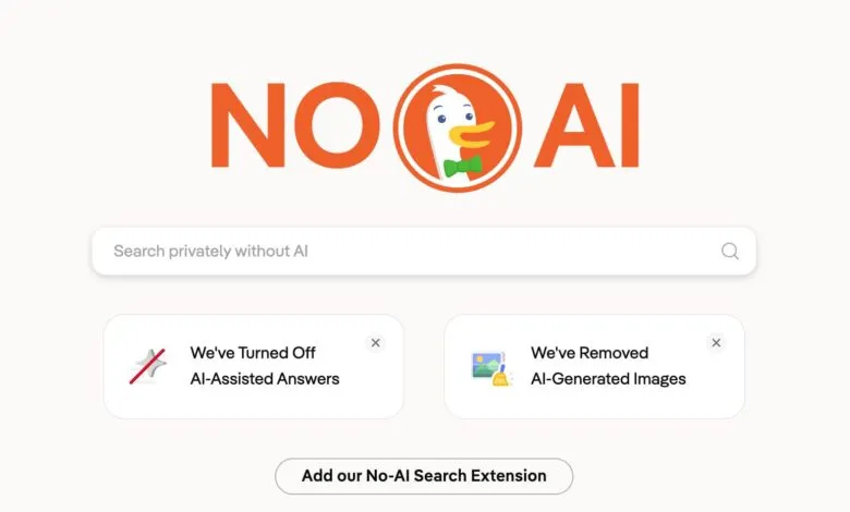 DuckDuckGo search engine interface with 'NO AI' branding and options to disable AI features.