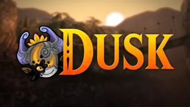 Dusk game logo with stylized character against a sunset backdrop.