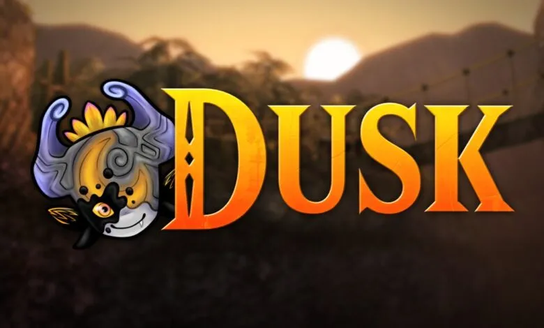 Dusk game logo with stylized character against a sunset backdrop.