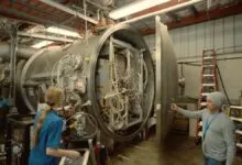 Two people working on a large, open, cylindrical machine with complex wiring and components.