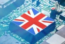 Close-up of a computer chip with the Union Jack flag on top.
