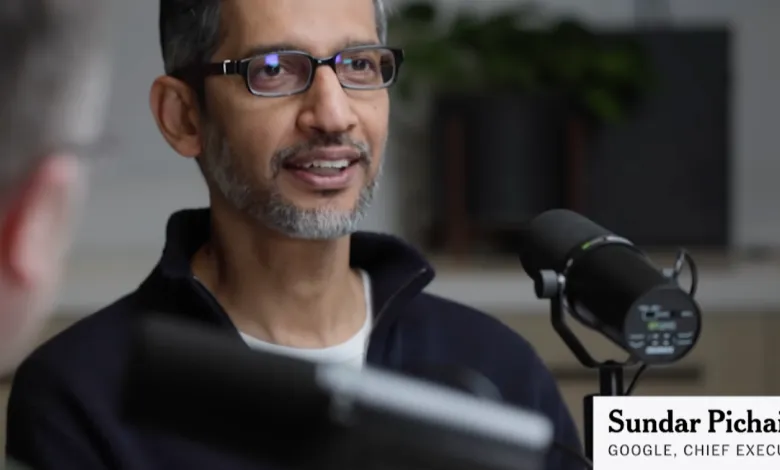 Sundar Pichai, Google CEO, speaking into a microphone during an interview.