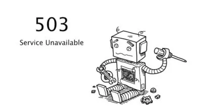 Cartoon robot sitting with tools, displaying '503 Service Unavailable' message.
