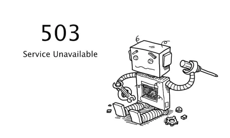Cartoon robot sitting with tools, displaying '503 Service Unavailable' message.