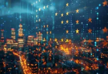 Abstract cityscape with EU stars and digital code overlay.