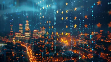 Abstract cityscape with EU stars and digital code overlay.