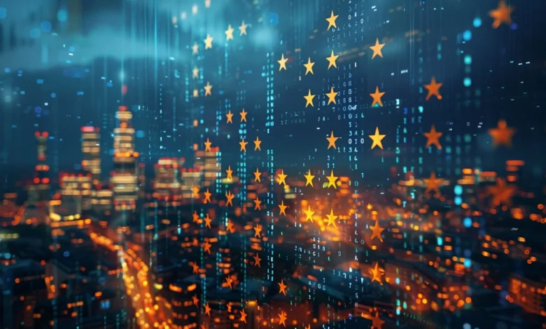 Abstract cityscape with EU stars and digital code overlay.