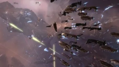 Massive space battle with numerous ships firing lasers in a nebula.
