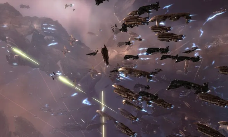 Massive space battle with numerous ships firing lasers in a nebula.