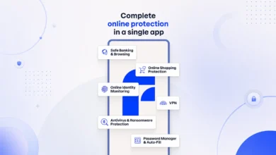Online protection app features: safe banking, identity monitoring, VPN, and more.