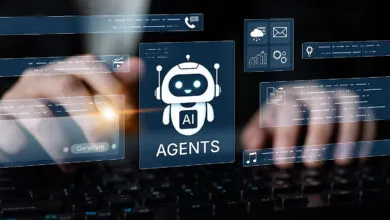 AI agents interface with robot icon, prompts, and analytics tools.
