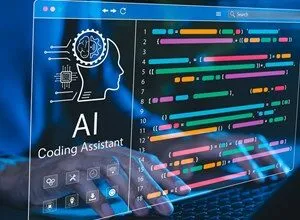 AI coding assistant interface on laptop screen with hands typing on keyboard.