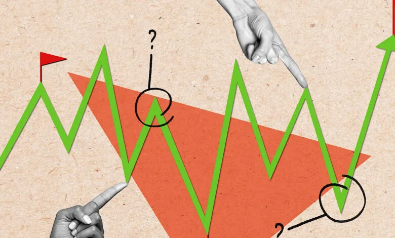 Financial chart with upward trend, hands pointing at peaks and valleys.