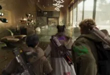 Three figures walk through a flooded, modern lobby with weapons on their backs.