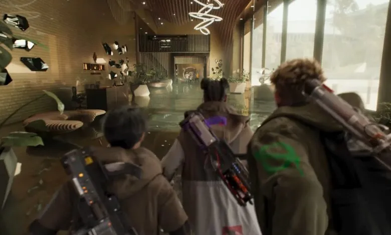 Three figures walk through a flooded, modern lobby with weapons on their backs.