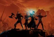 Four fantasy heroes stand ready for battle against a horde in a fiery landscape.