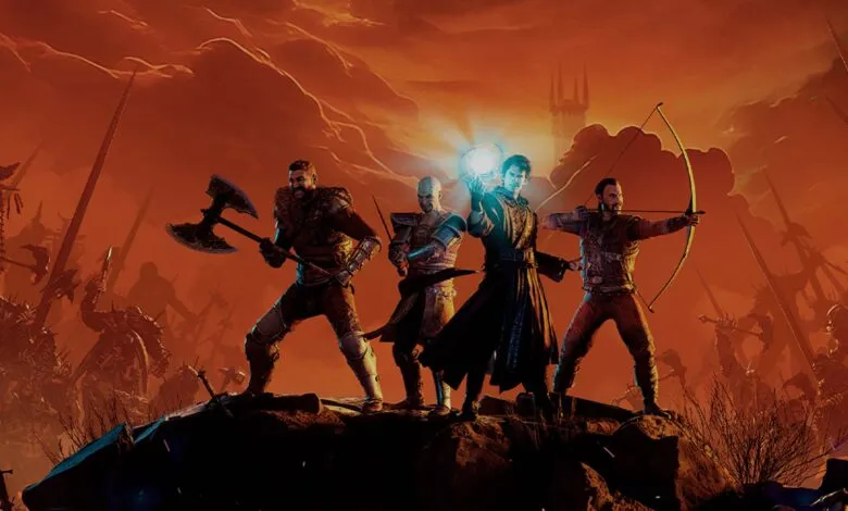 Four fantasy heroes stand ready for battle against a horde in a fiery landscape.