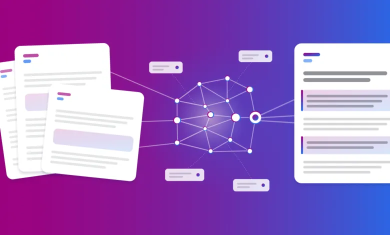 Documents connected by a network on a gradient background.