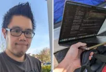 Split image: man's selfie and laptop displaying code, held over a bag.