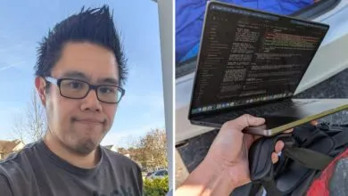 Split image: man's selfie and laptop displaying code, held over a bag.