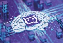 AI brain graphic with chatbot icon on circuit board background.