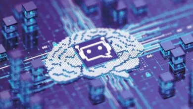 AI brain graphic with chatbot icon on circuit board background.
