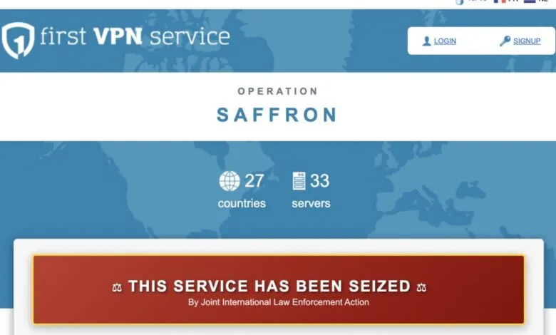 First VPN service website displaying seizure notice and operation name.
