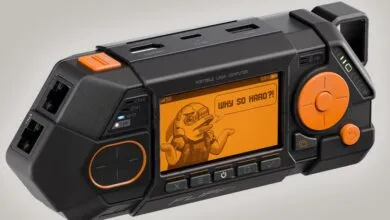 Flipper Zero device, a portable Linux computer with various ports and a screen displaying a pixelated character.
