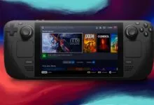 Steam Deck handheld console displaying game library on its screen.