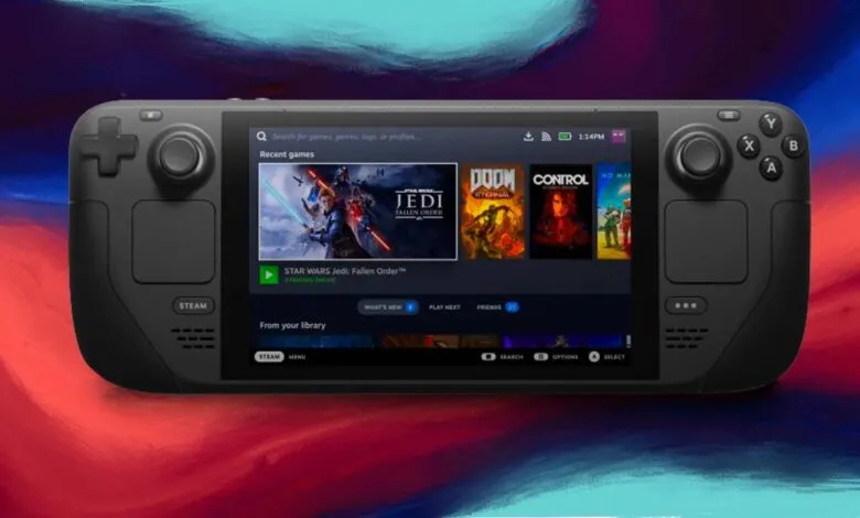 Steam Deck handheld console displaying game library on its screen.