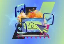 Laptop with cloud upload icon, checkmarks, and network visualization.