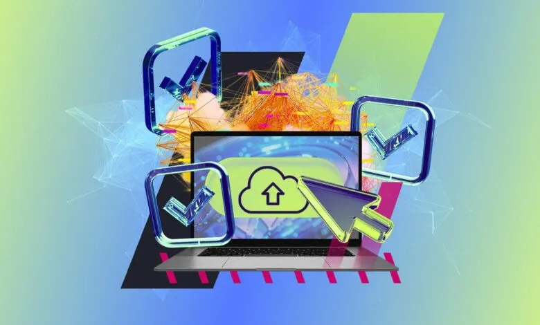 Laptop with cloud upload icon, checkmarks, and network visualization.
