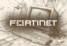 Fortinet logo over a vintage computer with a warning sign on the screen.