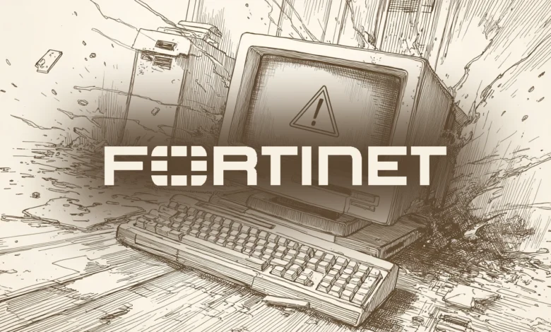 Fortinet logo over a vintage computer with a warning sign on the screen.