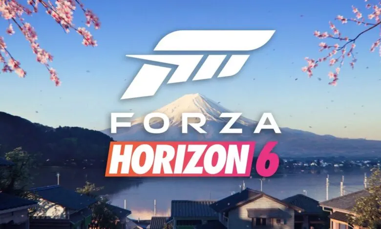 Forza Horizon 6 logo over a scenic Japanese landscape with Mount Fuji.