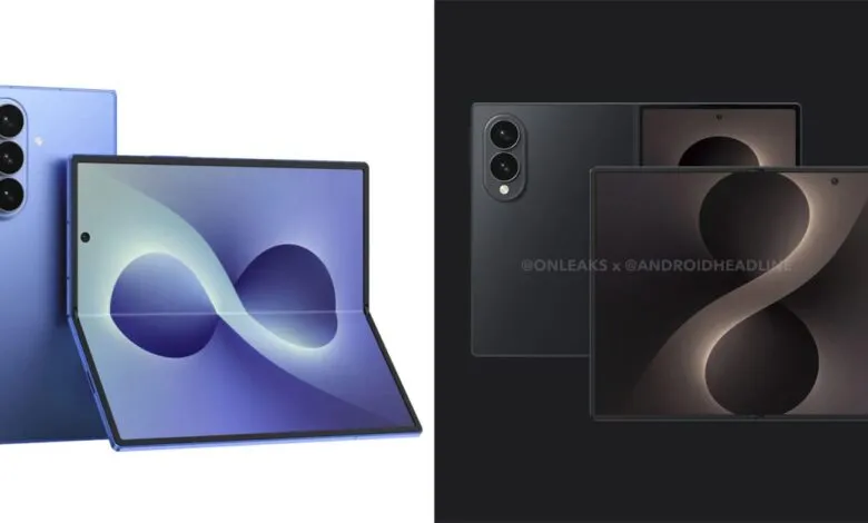 Foldable smartphone in blue and black, showing infinity symbol on screen.